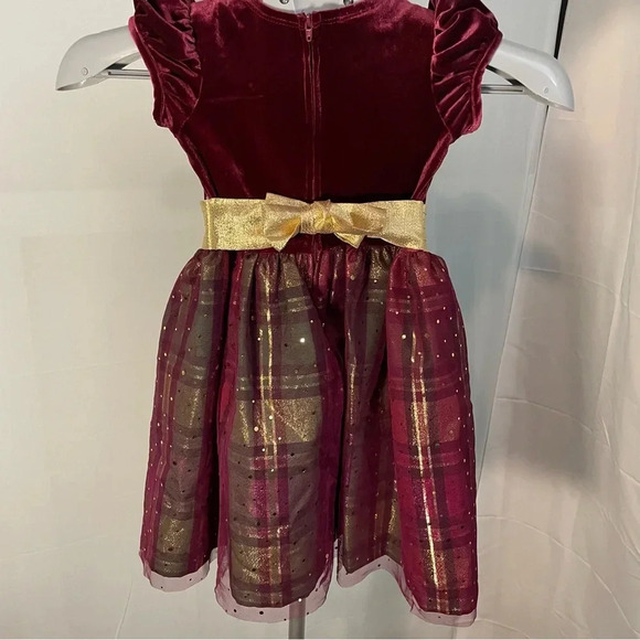 Bonnie Jean Gold,Green&burgundy Velvet Plaid& Sparkle Holiday Christmas Dress,4T - Picture 7 of 7
